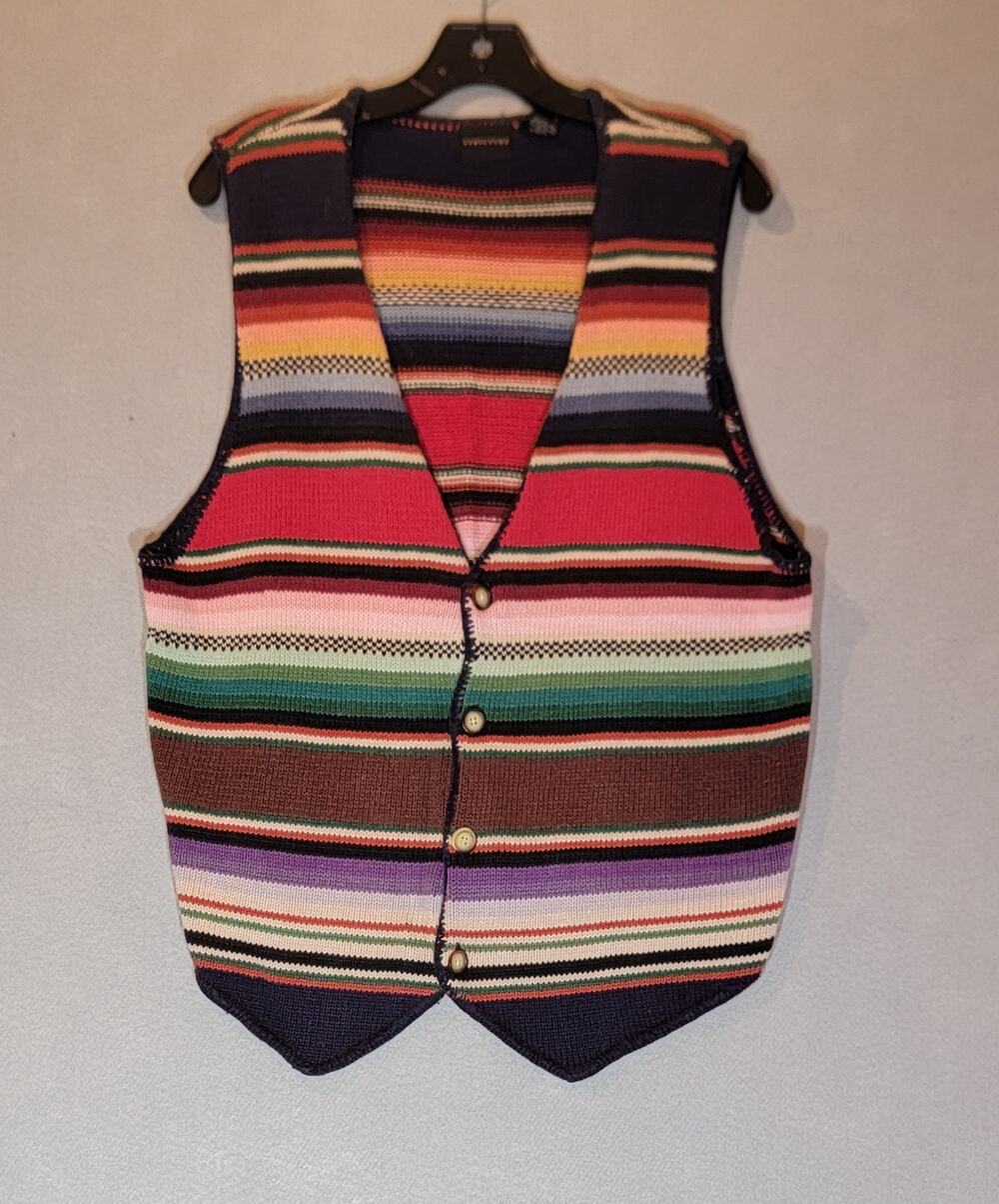 Vintage 90s Structure Multicolor Knit Stripe Vest Medium Ramie Blend